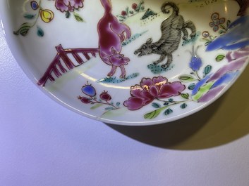 Eight Chinese famille rose and verte cups and saucers, Kangxi/Qianlong